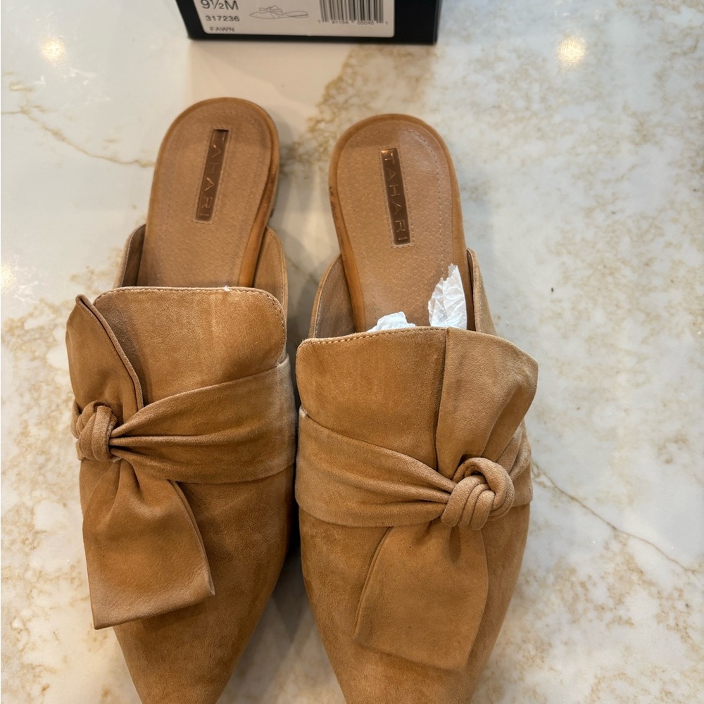 Tahari Tan Suede Knot Mules